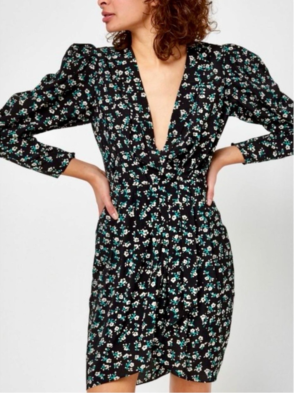 Essentiel Antwerp Zigong Black Floral Glass Stud Mini Dress Puff Sleeve FR 36